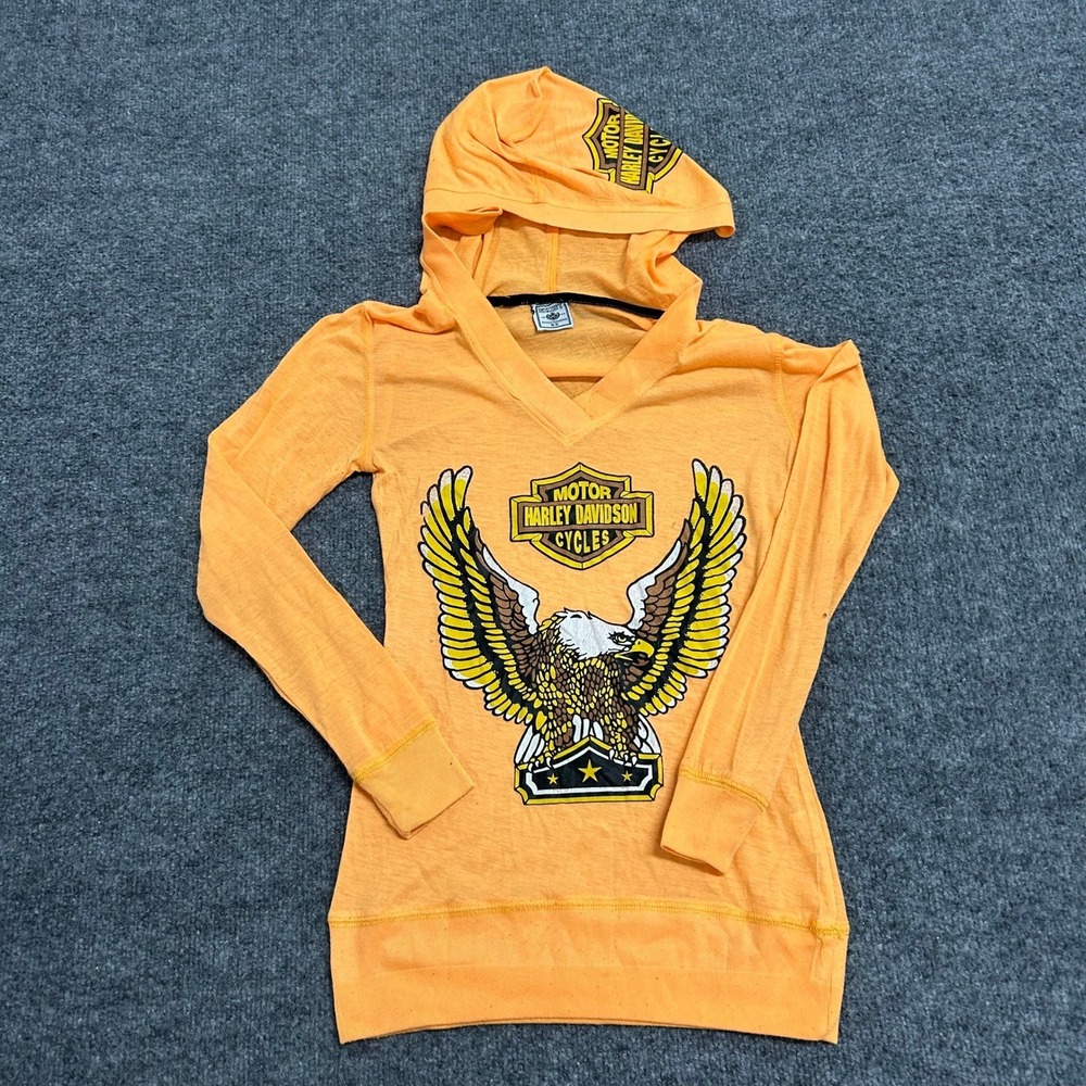 Exist Hoodie Womens Size XS Orange Harley Davidson Eagle Graphic Slim Fit Biker